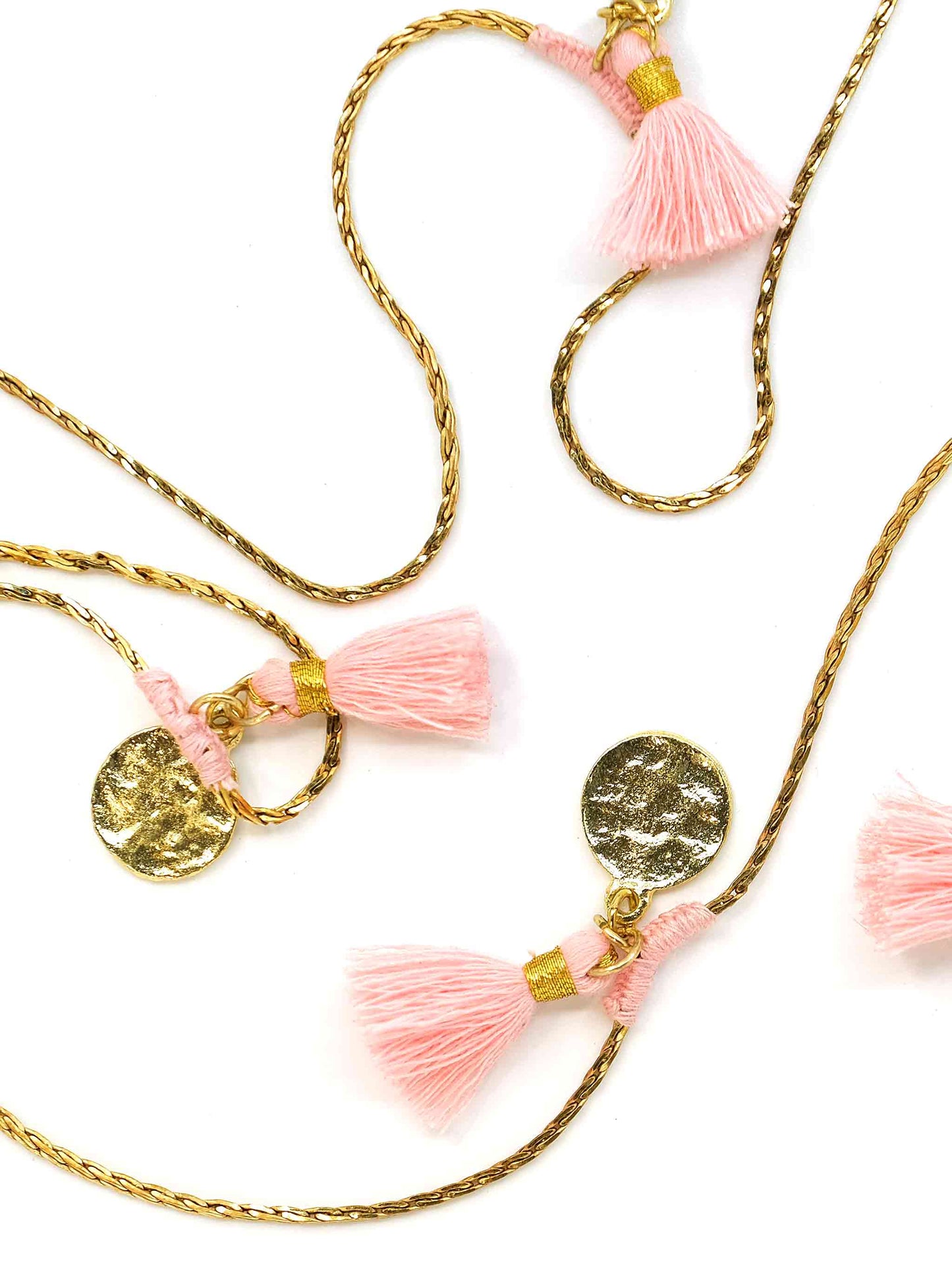 Bohemian Forever Fringe Gold Long Necklace with Candy Pink Tassels