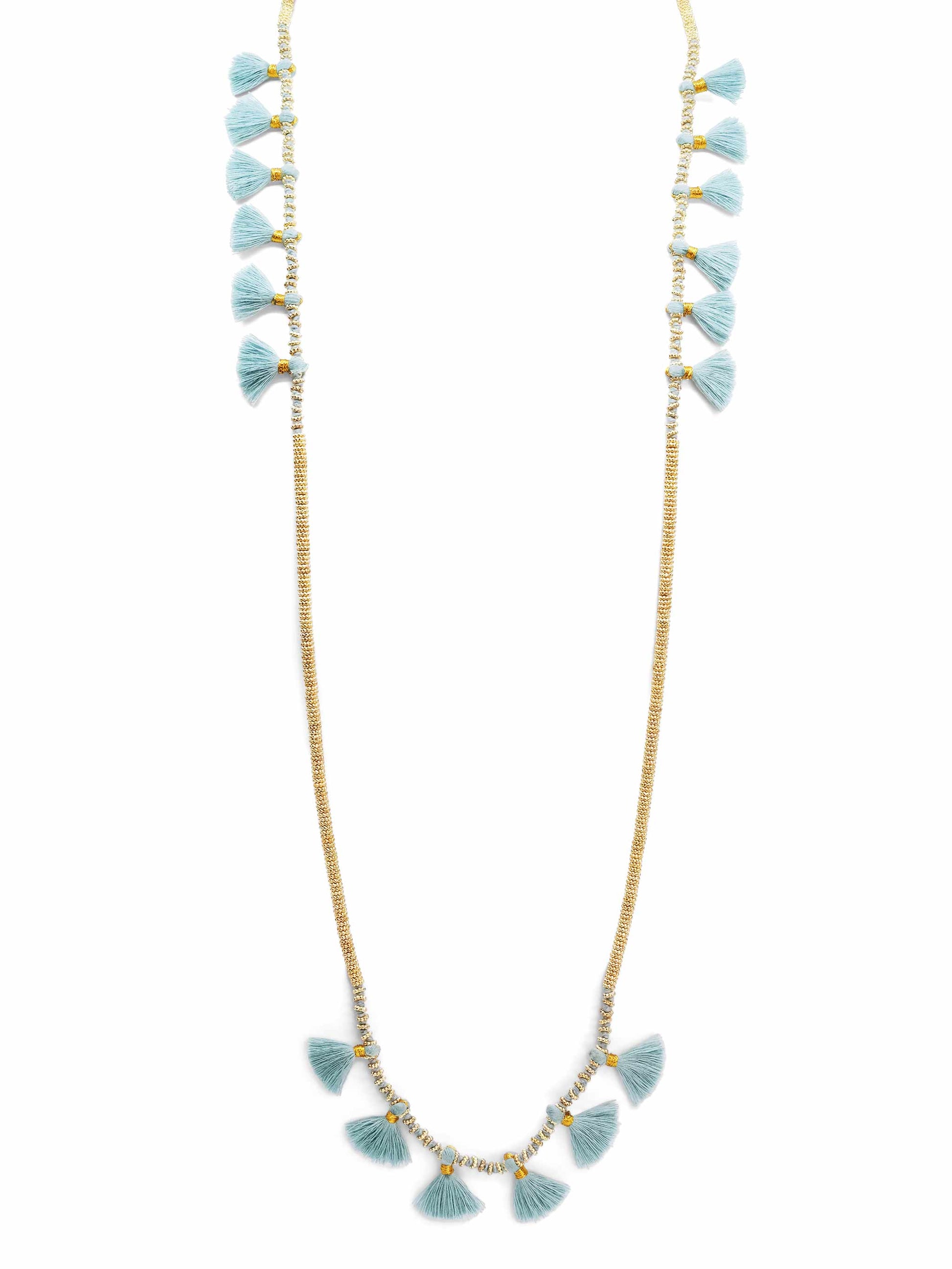 Celina Gold Tone Long Necklace with Teal Blue Tassels