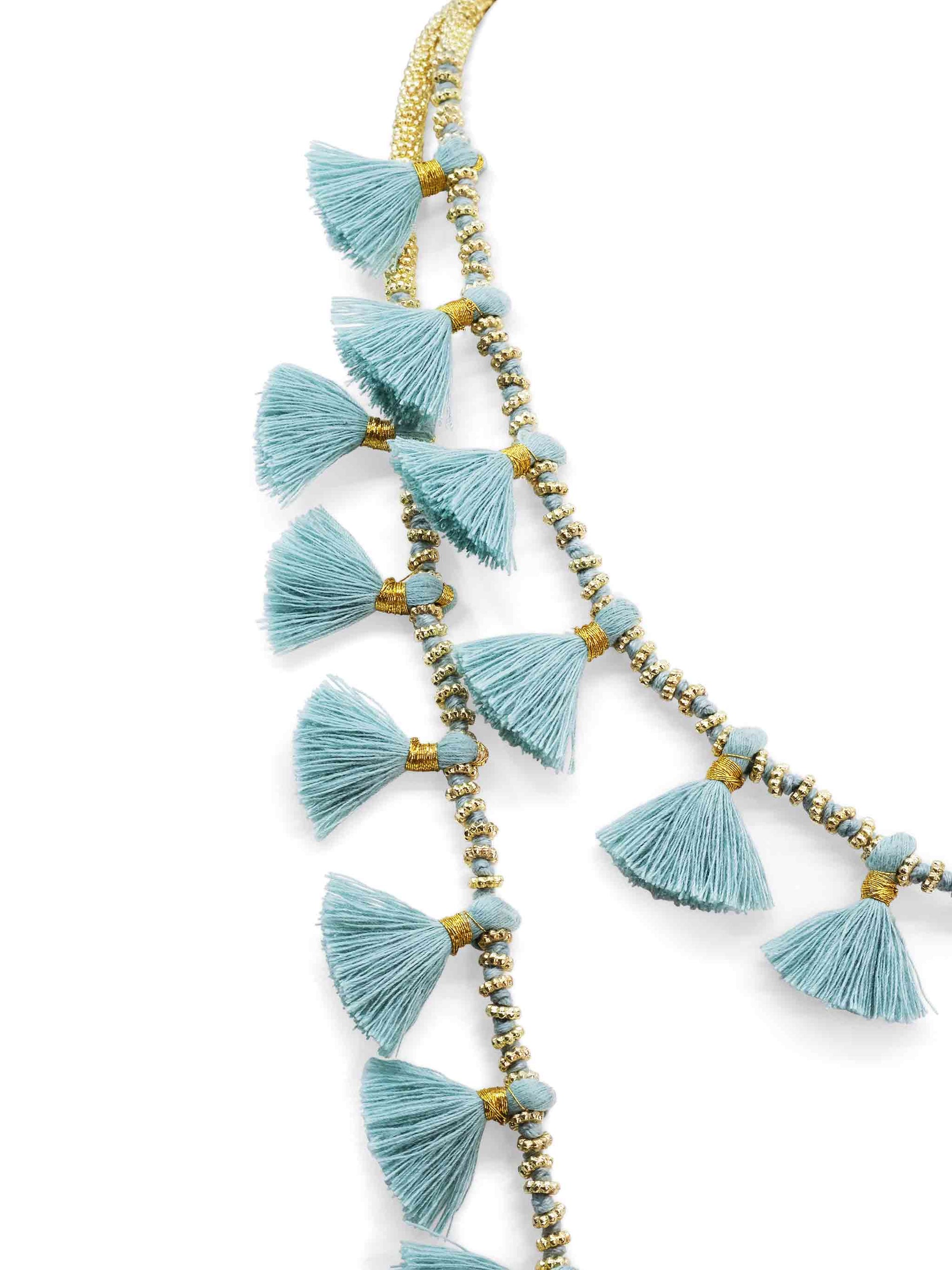 Bohemian Gold Tone Long Necklace with Teal Blue Tassels