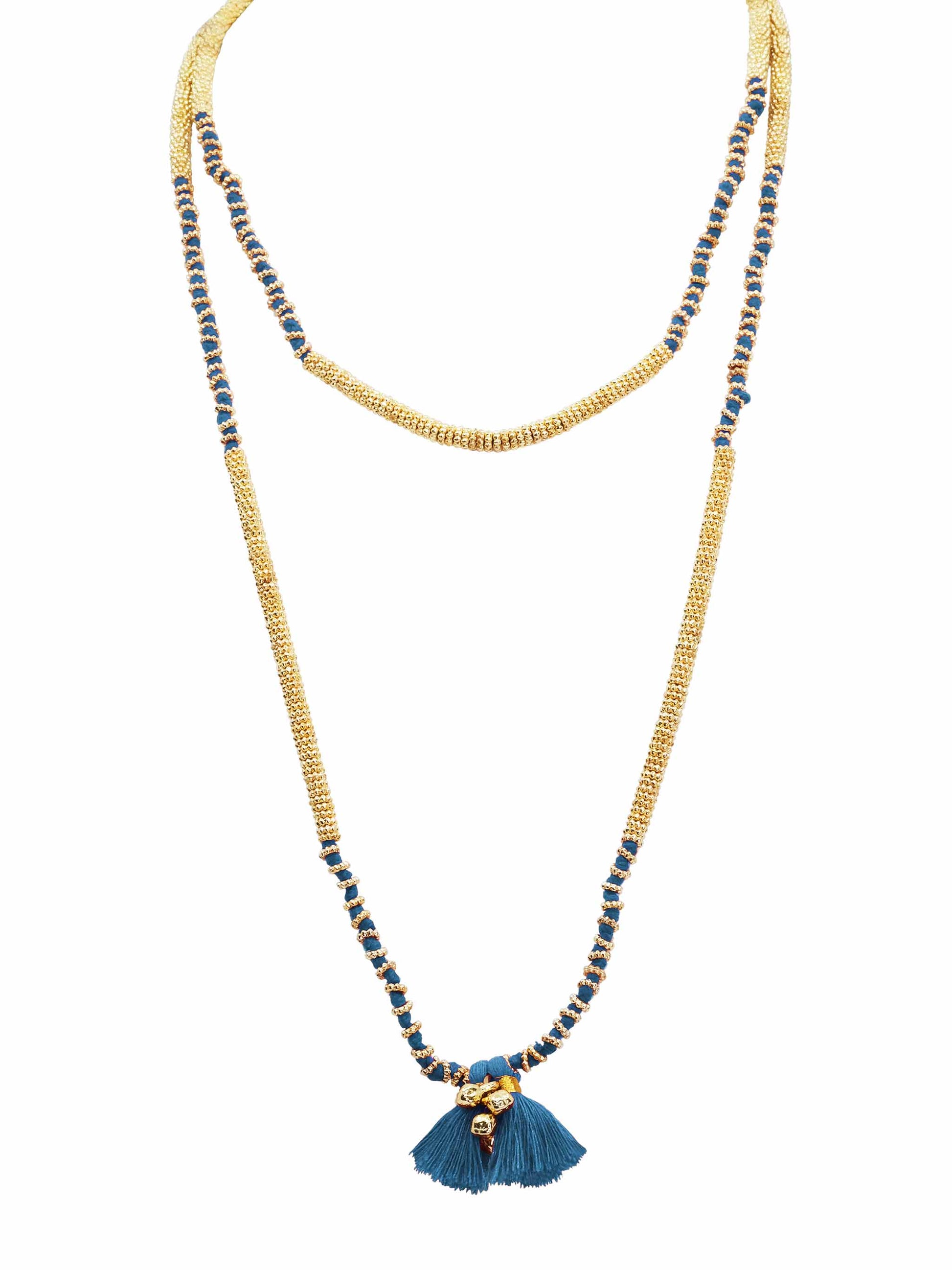 Lariya Gold Tone Beaded Long Necklace with Teal Blue Tassels