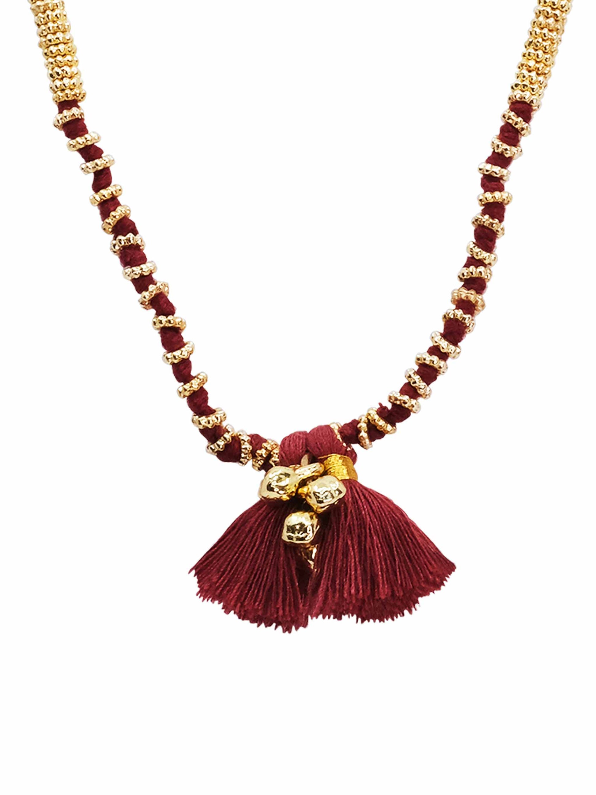 Gold Tone Lariya Beaded Long Necklace with Rose Red Tassels