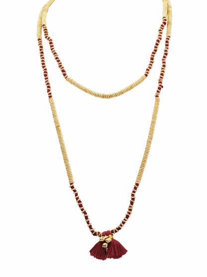 Lariya Gold Tone Beaded Long Necklace with Red Rose Tassels