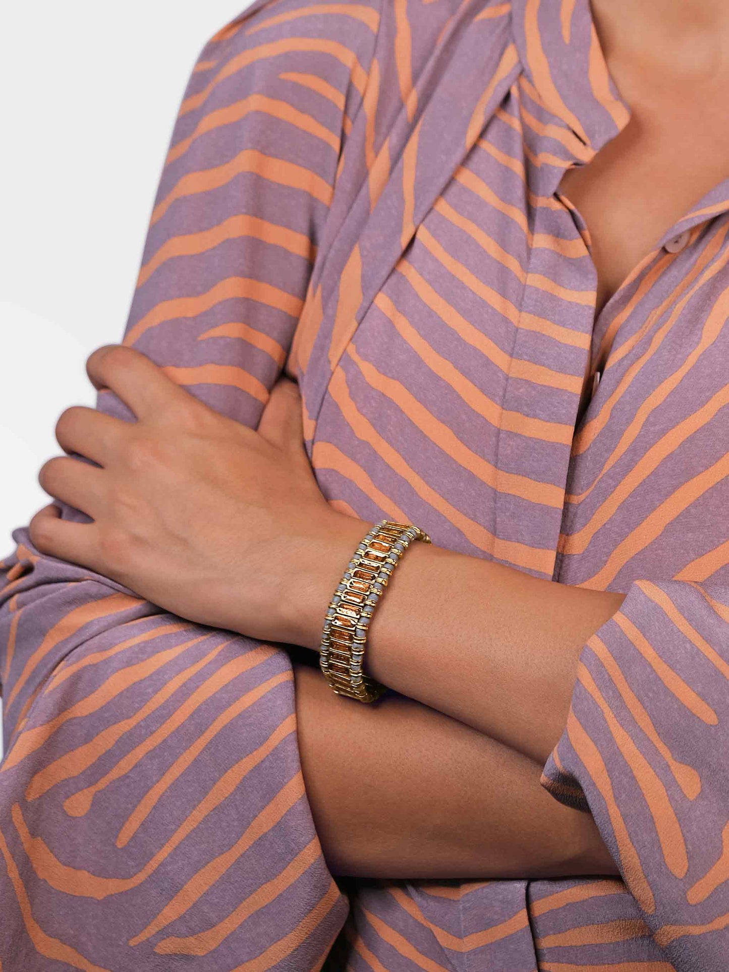 Serpenti Gold Tone Cuff Bracelet in Blue Fabric & Pink Enamel