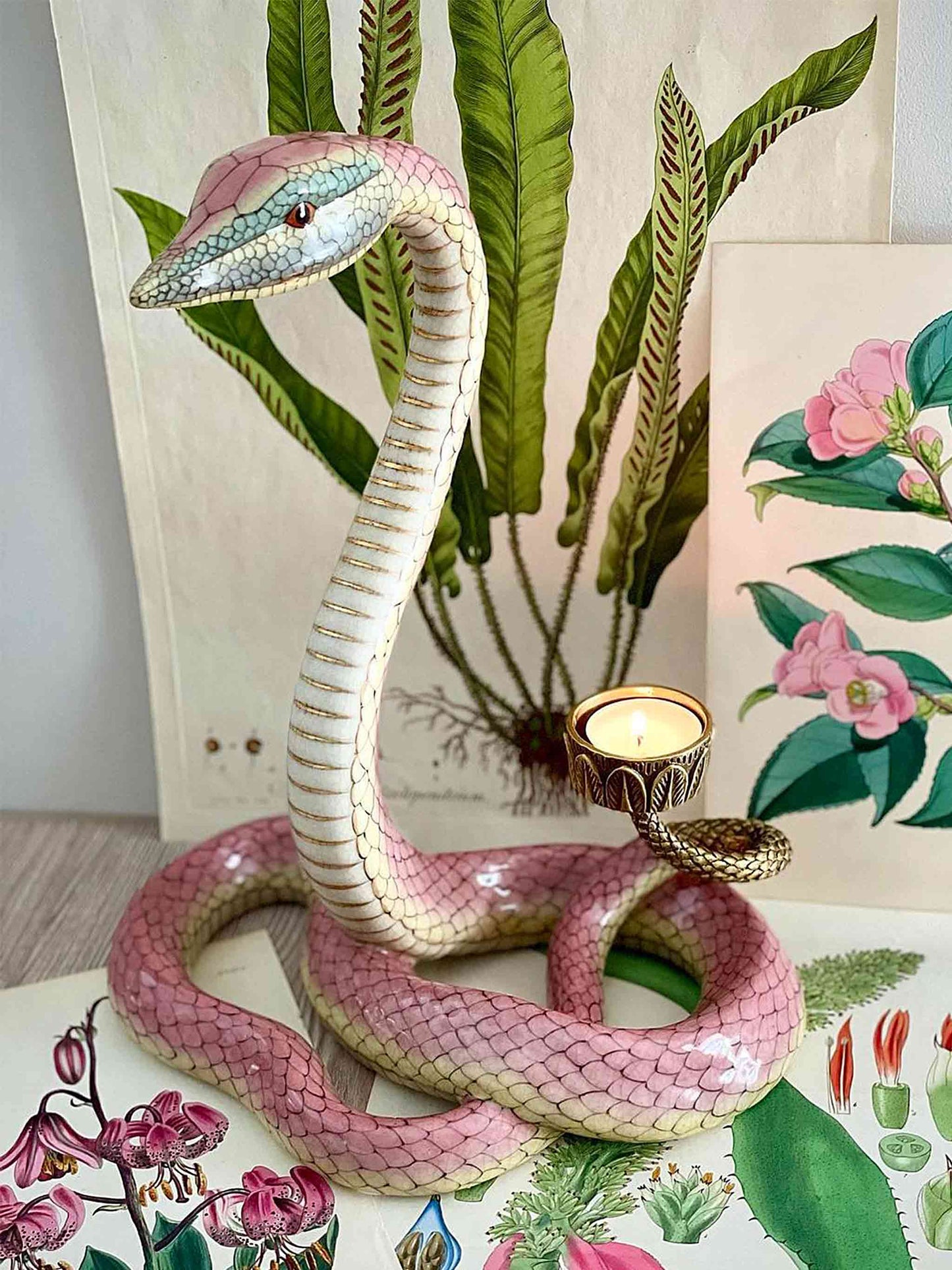 Jun Fine Porcelain Serpent Snake Sculpture Candle Holder in Pink