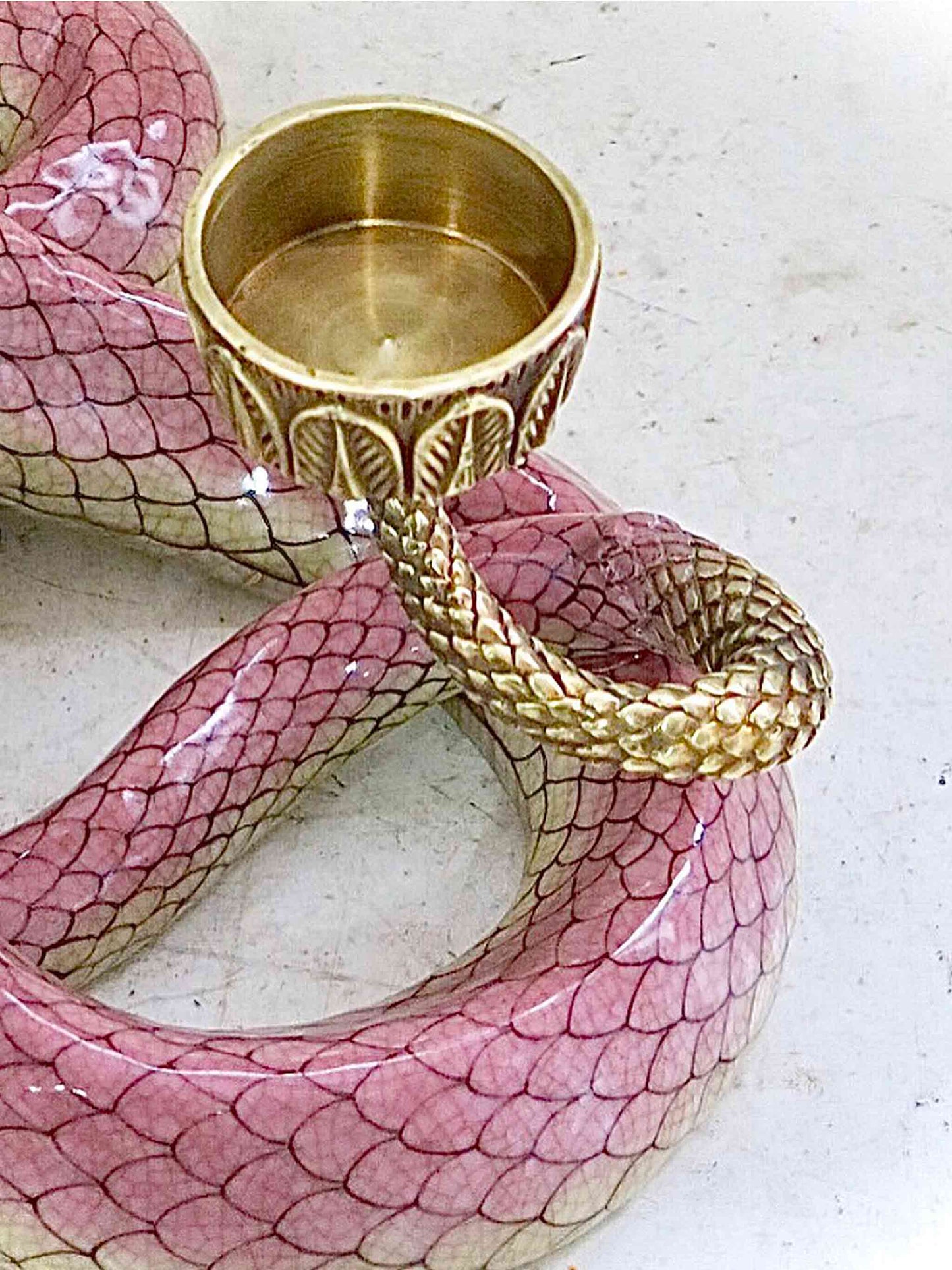 Jun Fine Porcelain Serpent Snake Sculpture Candle Holder in Blush