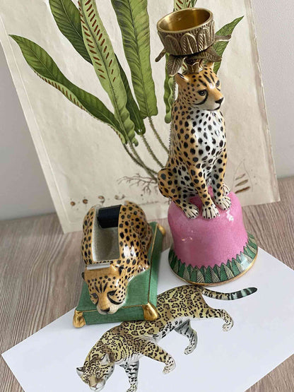 Porcelain Candle Holder Jungla Jaguar Sculpture by C.A.M 29.5cm