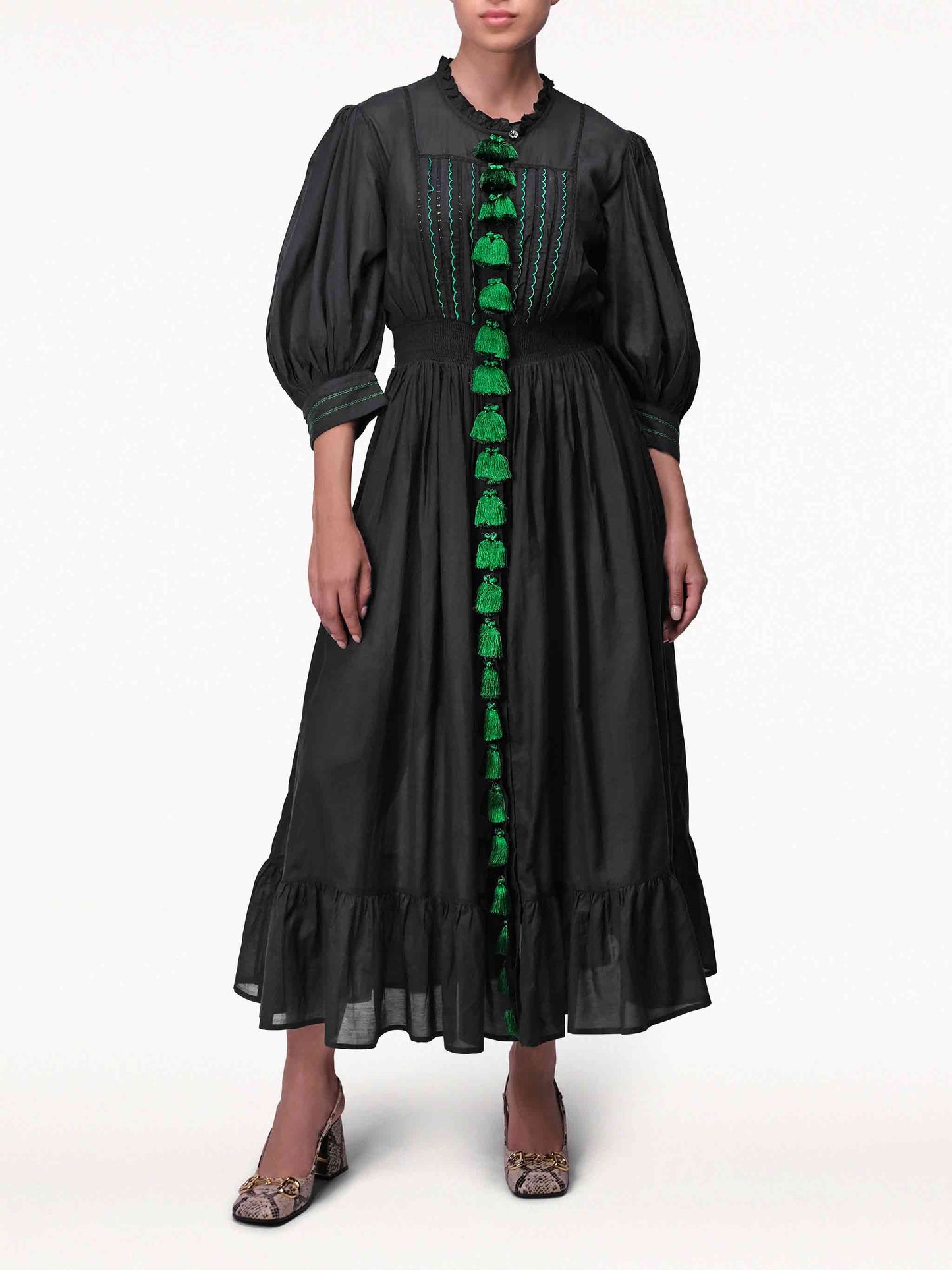 Laila Peasant Embroidered Green Tassel Midi Black Dress by ZA Collective