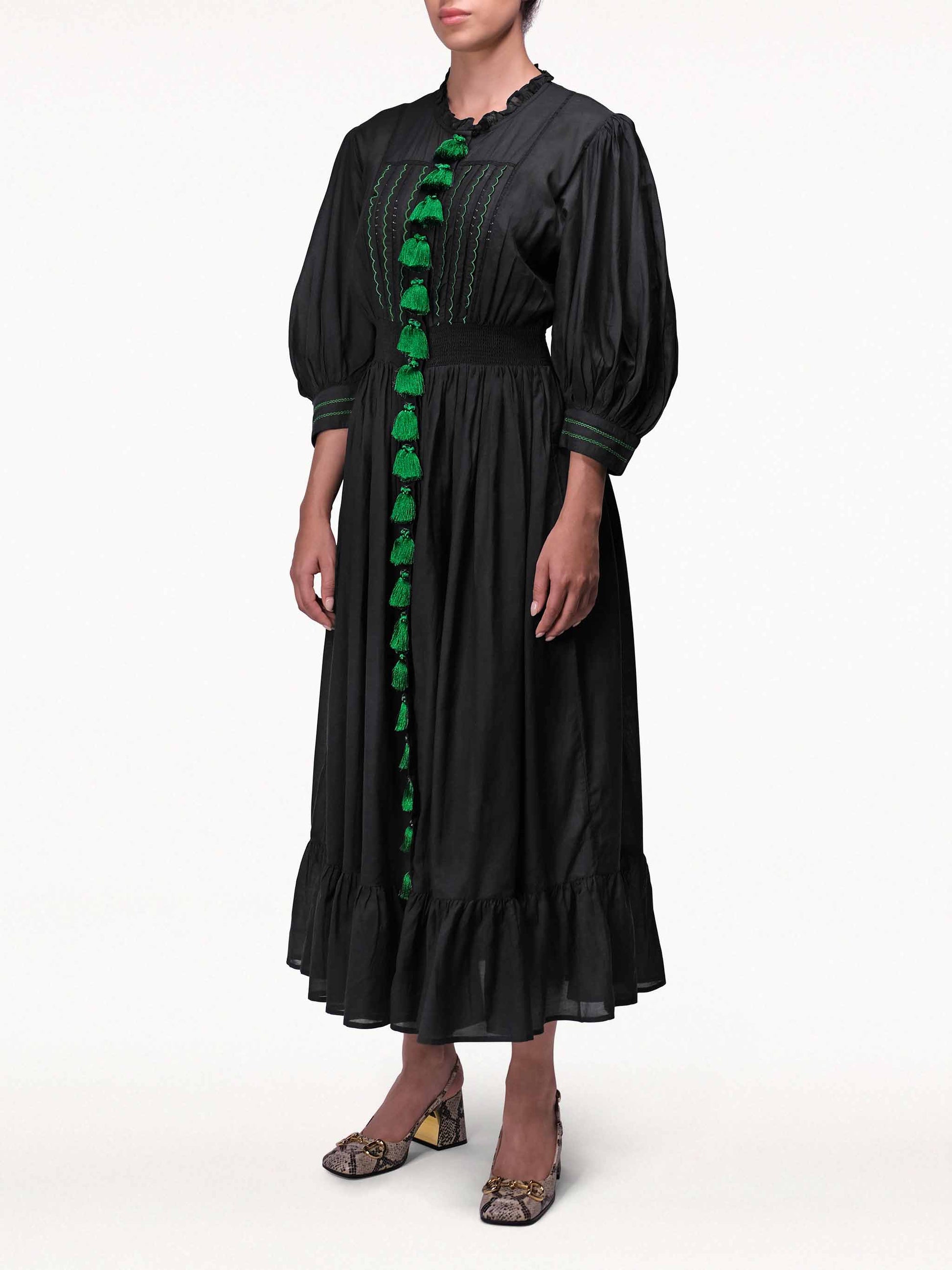 Midi Black Peasant Dress with Gren Embroidery and Tassels by ZA Collective