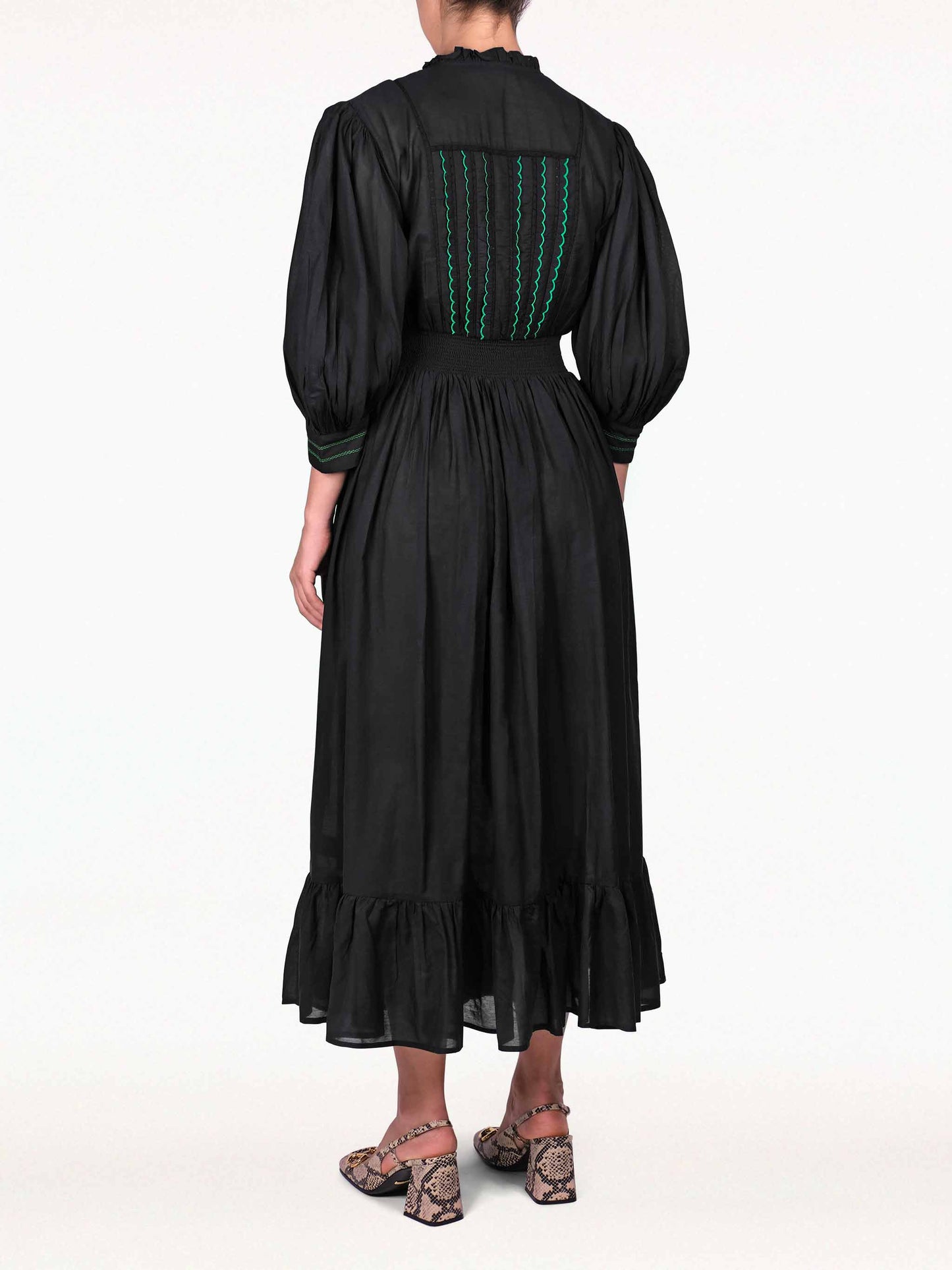 Laila Peasant Embroidered Green Tassel Midi Black Dress by ZA Collective