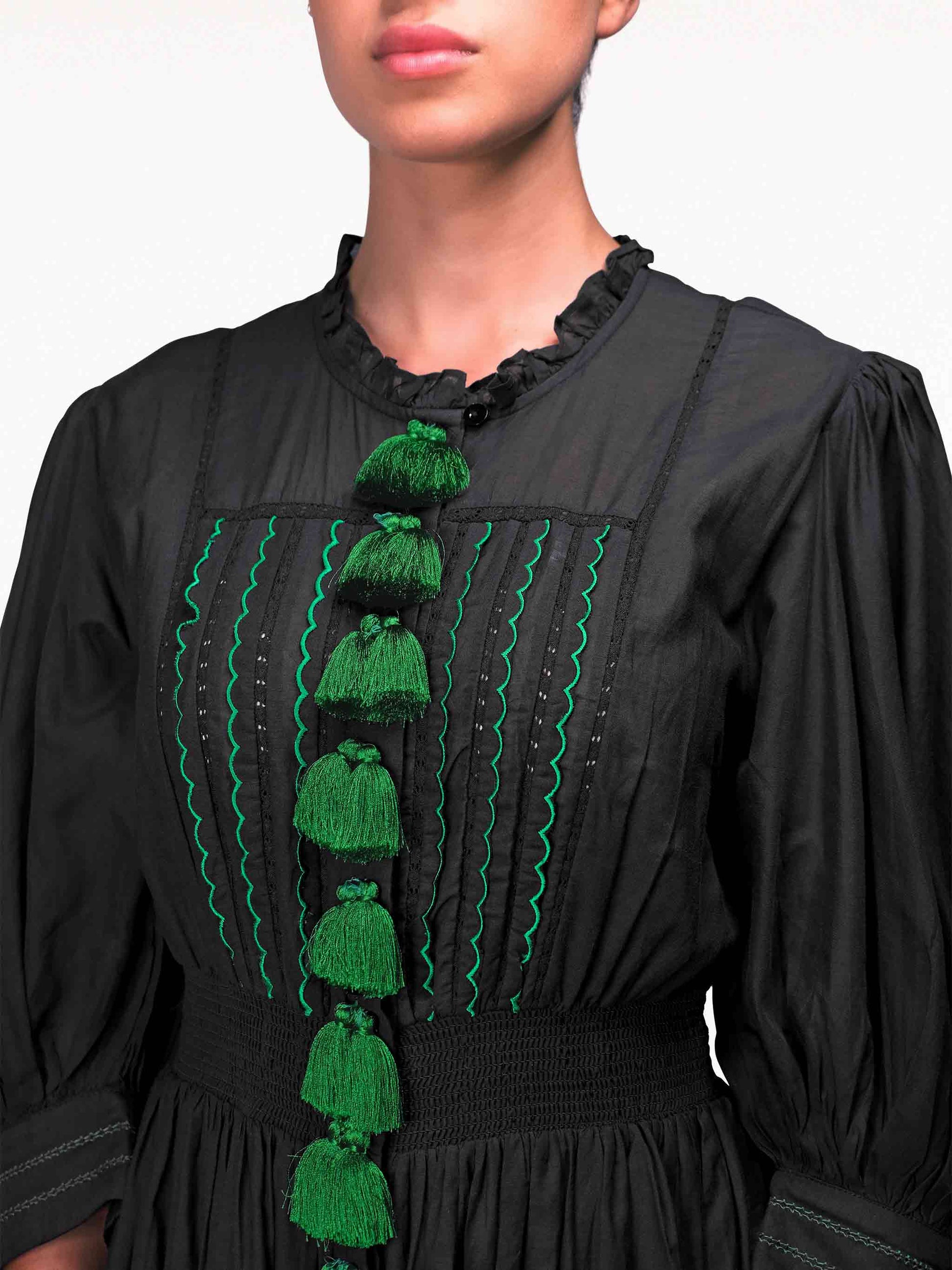 Puff Sleeve Peasant Embroidered Green Tassel Midi Black Dress by ZA Collective