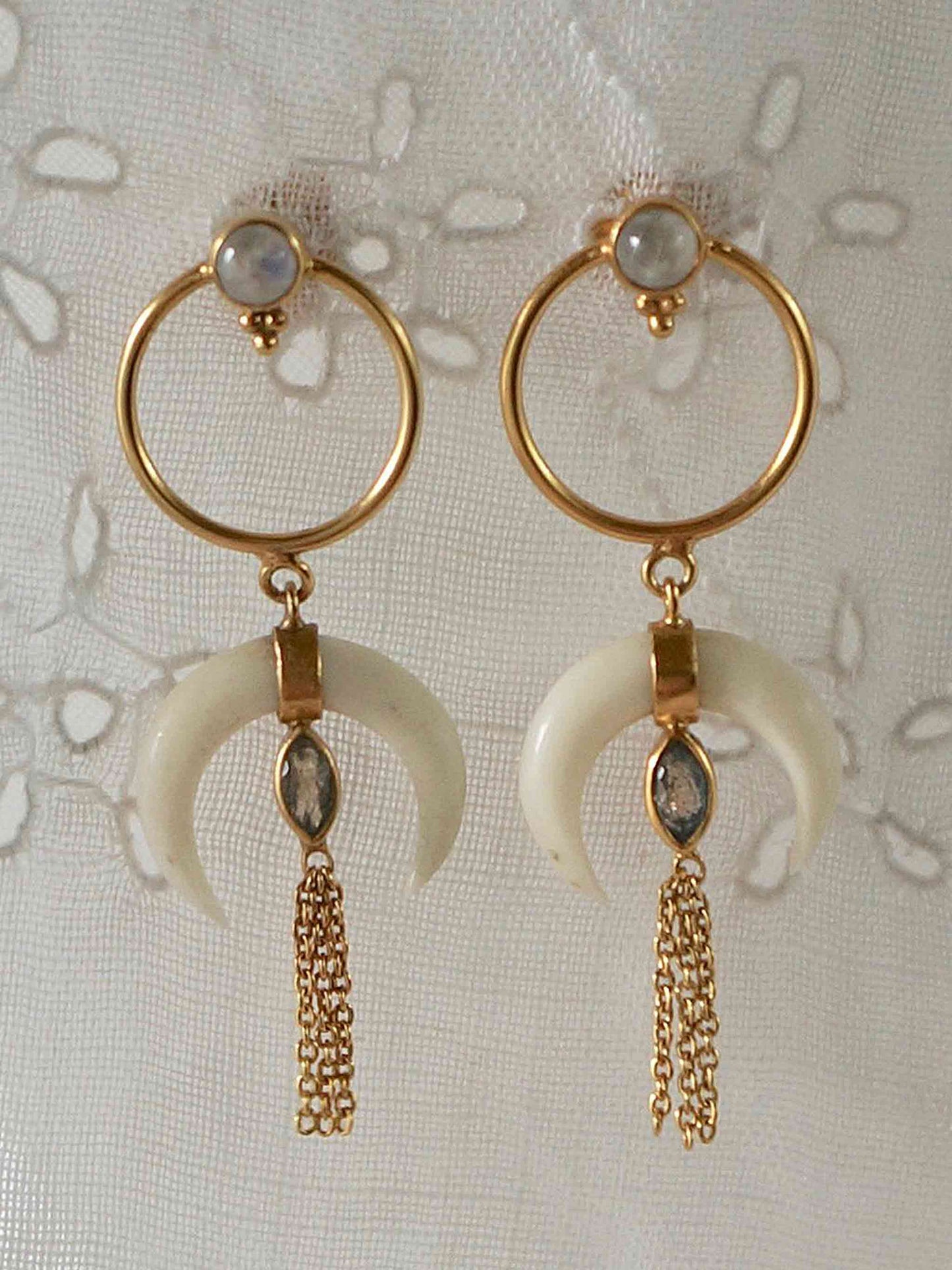 Crescent Bone Chain Drop Gemstone stud earrings
