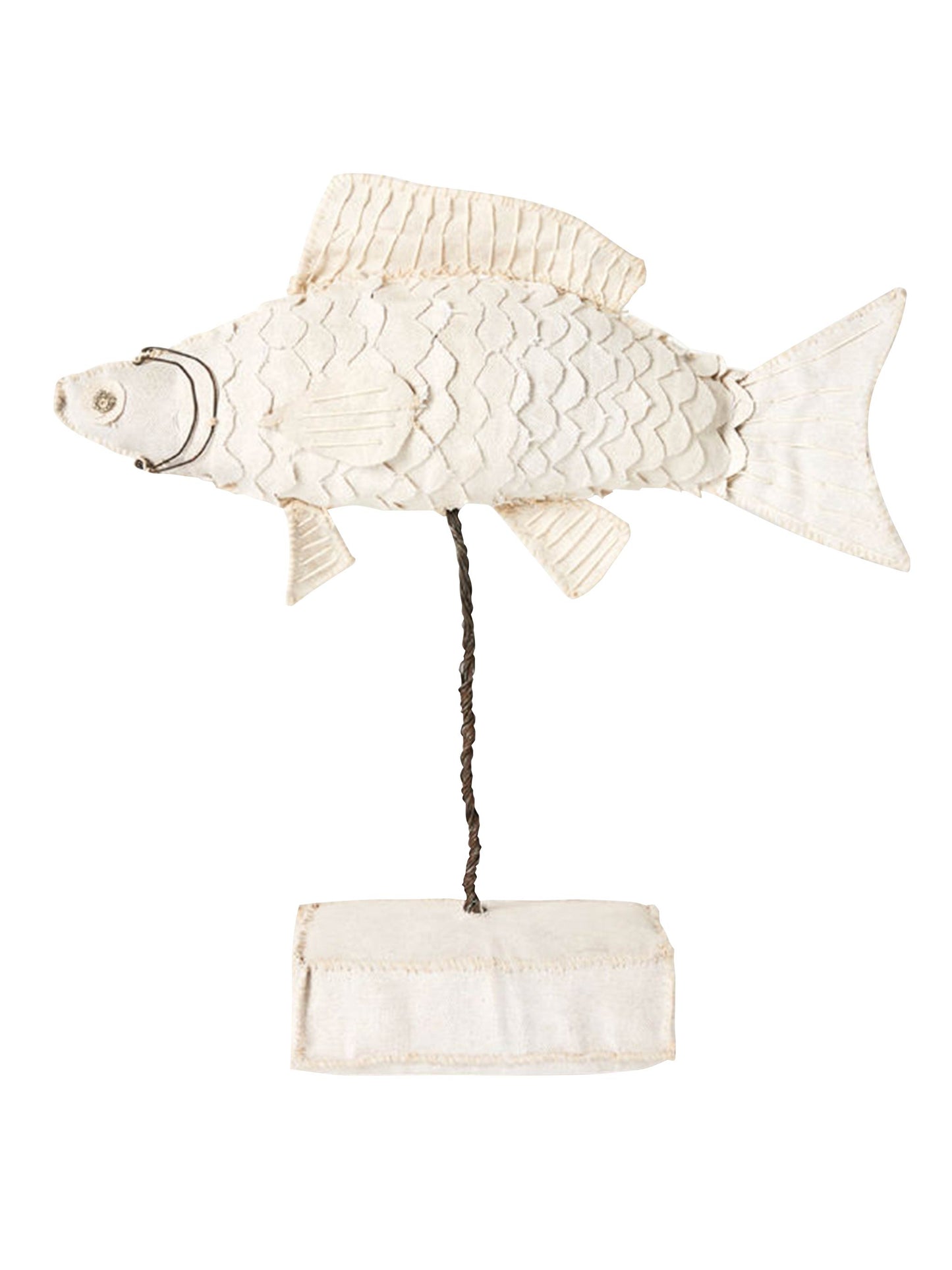 White Fish Sculpture on Stand with Upcycled Canvas & Glass beads – Large
