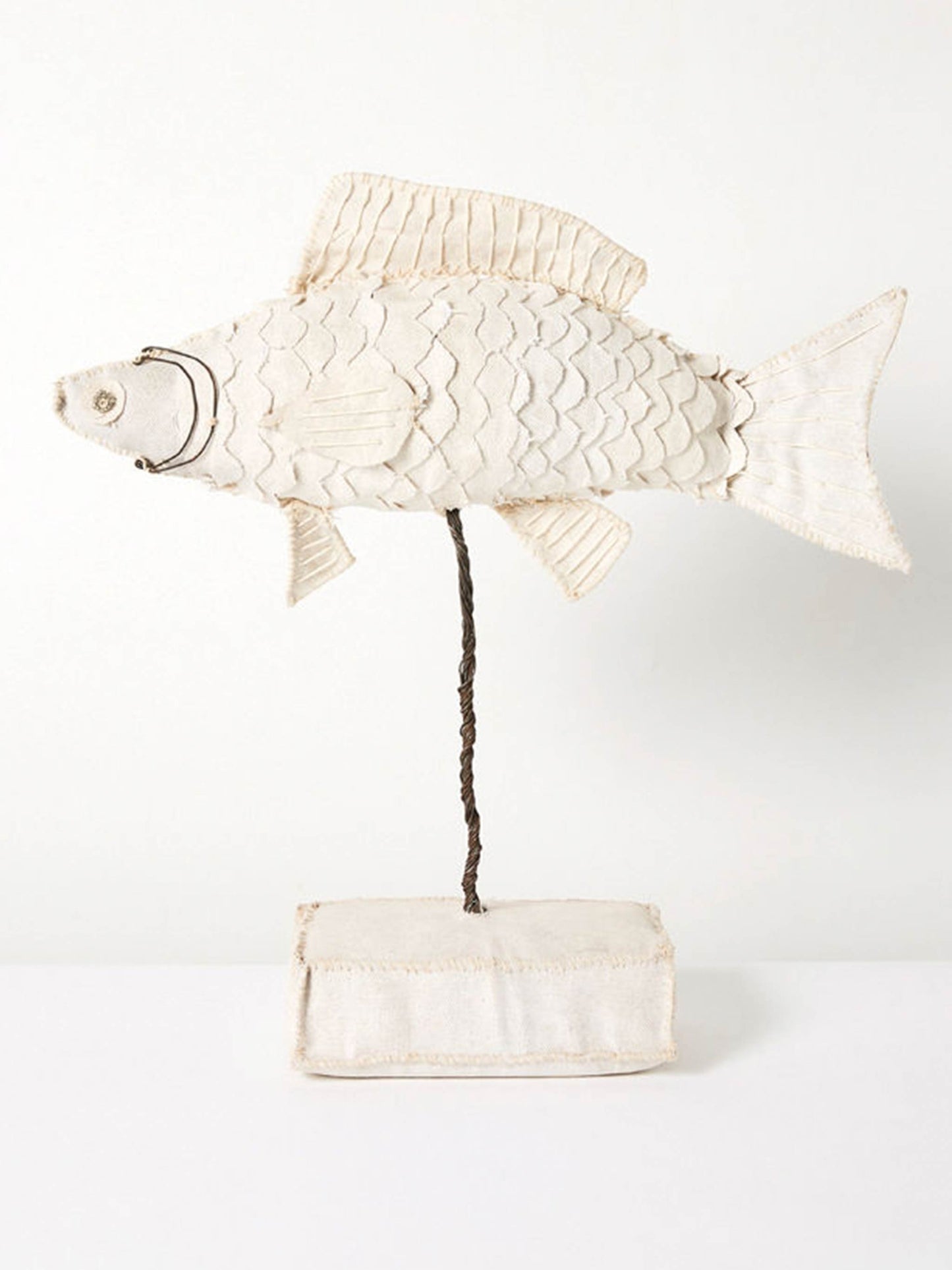 Ocean White Fish on Stand with Upcycled Canvas & Glass beads – Large