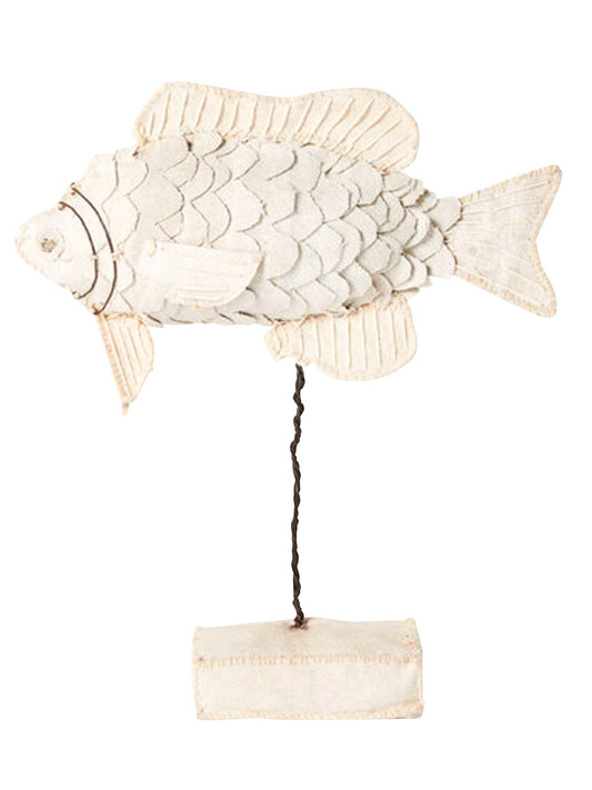 Decorative Fish on Stand with Upcycled Canvas & Glass Beads White