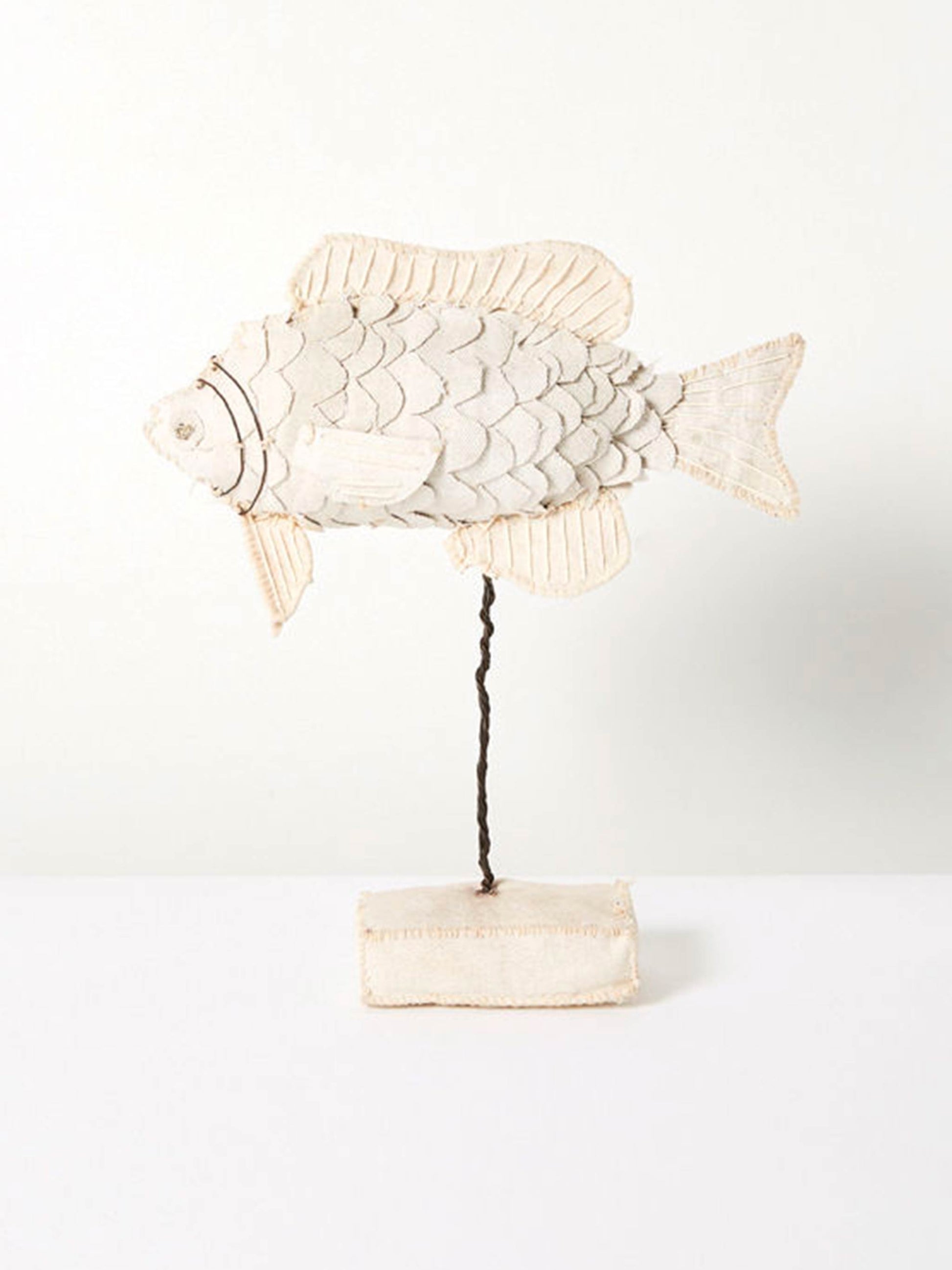 Décor Fish on Stand with Upcycled Canvas & Glass Beads White