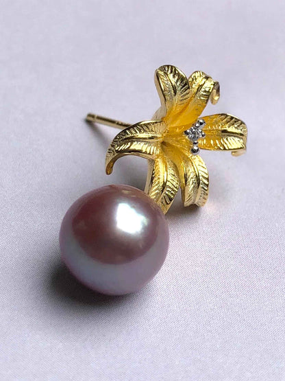 Oriental Lily 18k Gold Plated Stud Earrings with Lilac Freshwater Pearls by YI SU