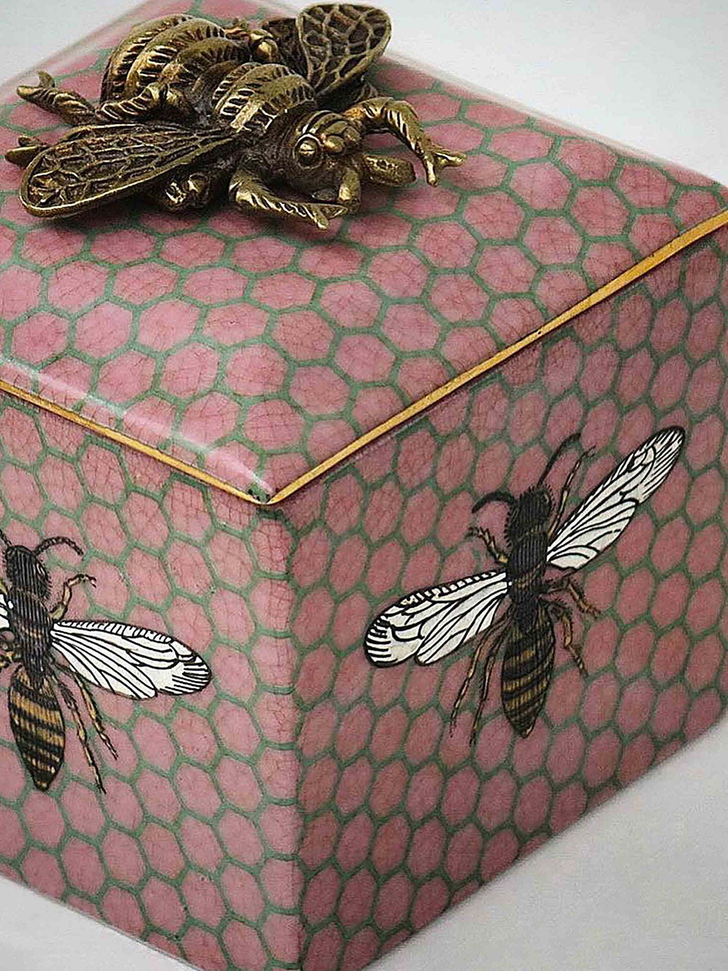 Porcelain Trinket Box Palacio Abeja with Brass Bee Lid Pink by C.A.M