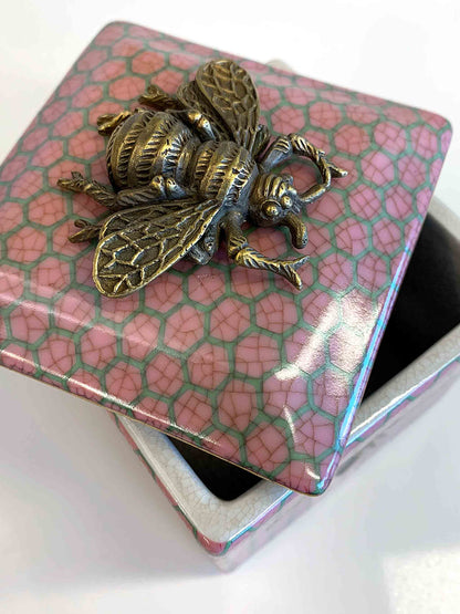 Porcelain Trinket Box Palacio Abeja with Brass Bee Lid Pink by C.A.M