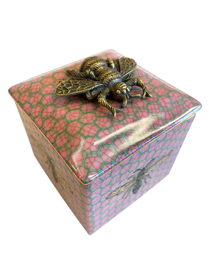 Porcelain Heirloom Trinket Box Palacio Abeja with Brass Bee Lid Pink by C.A.M