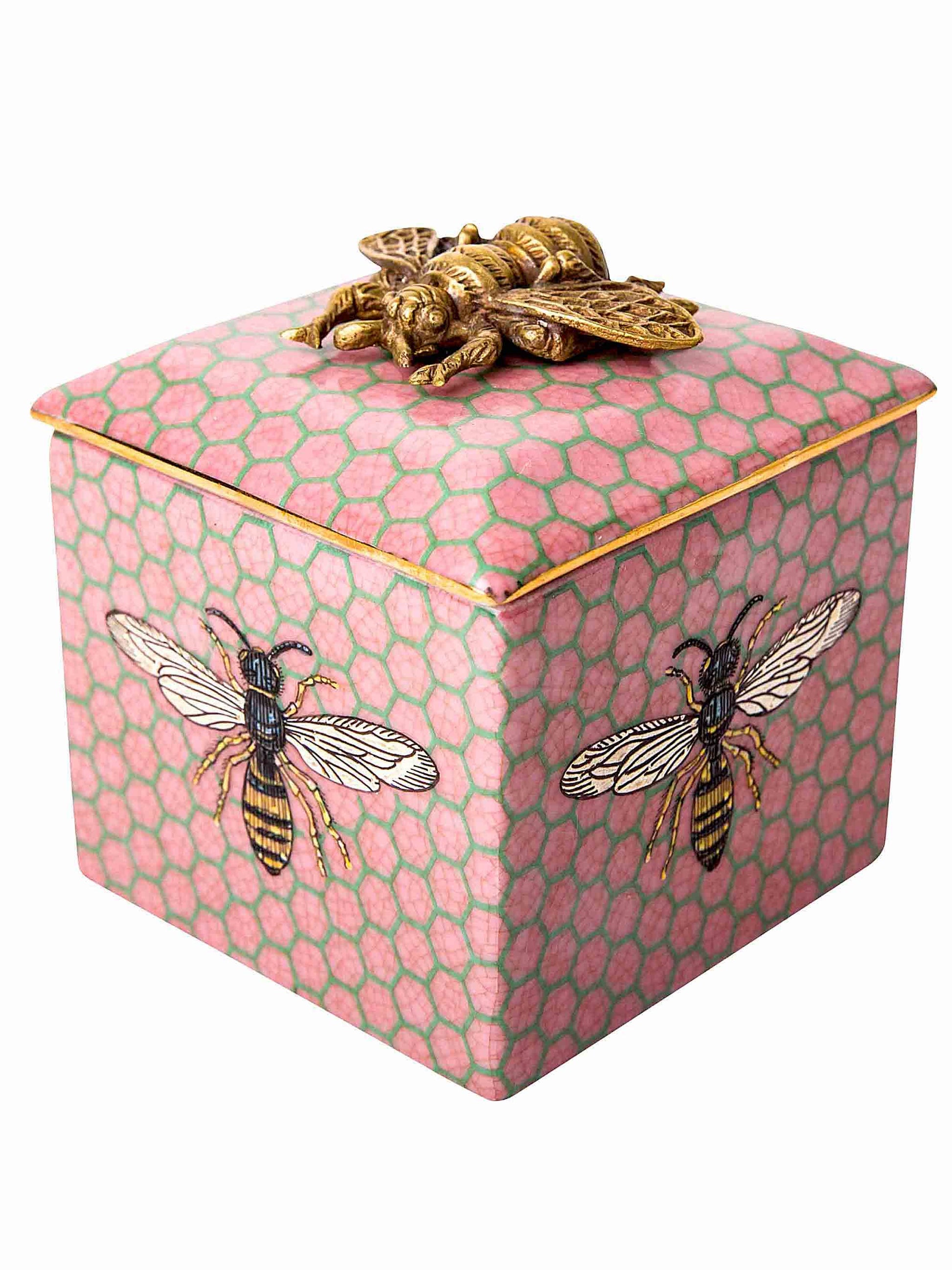 Porcelain Cube Trinket Box Palacio Abeja with Brass Bee Lid Pink by C.A.M