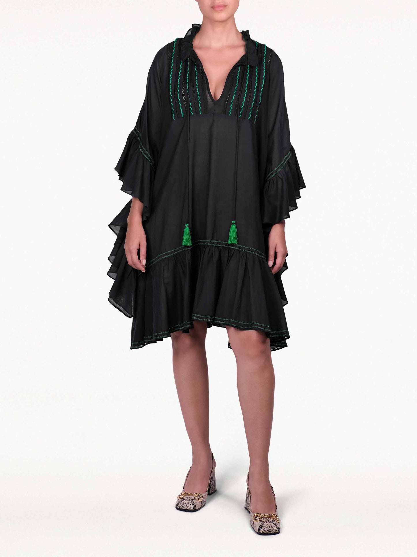 Pippa Embroidery Mini Kaftan Dress with Tassel by ZA Collective