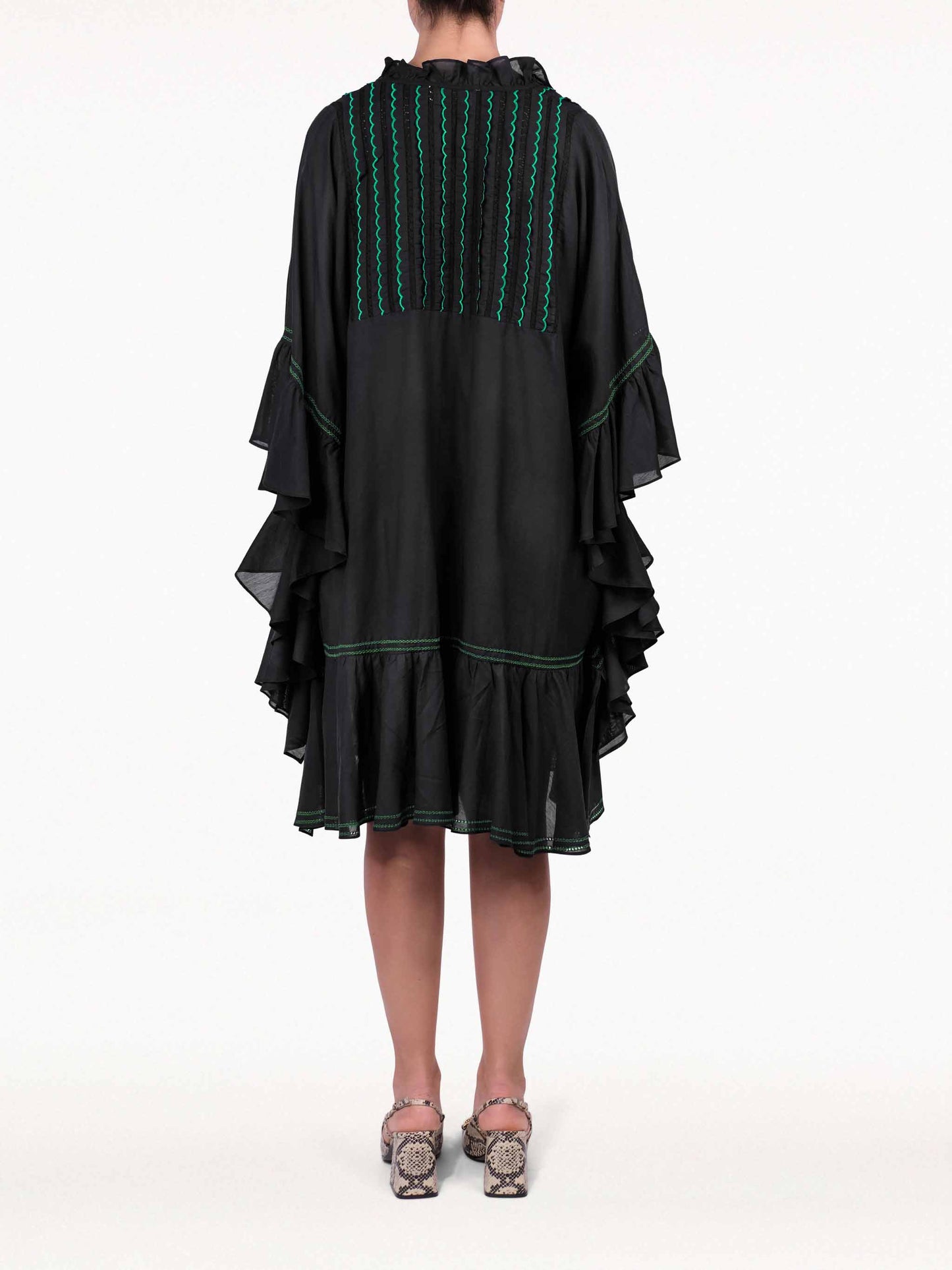 Pippa Green Embroidery Mini Black Kaftan Dress with Tassel by ZA Collective