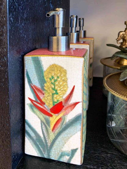 Luxe Porcelain Soap Dispenser Palacio with Bromeliad Flower by C.A.M 22cm