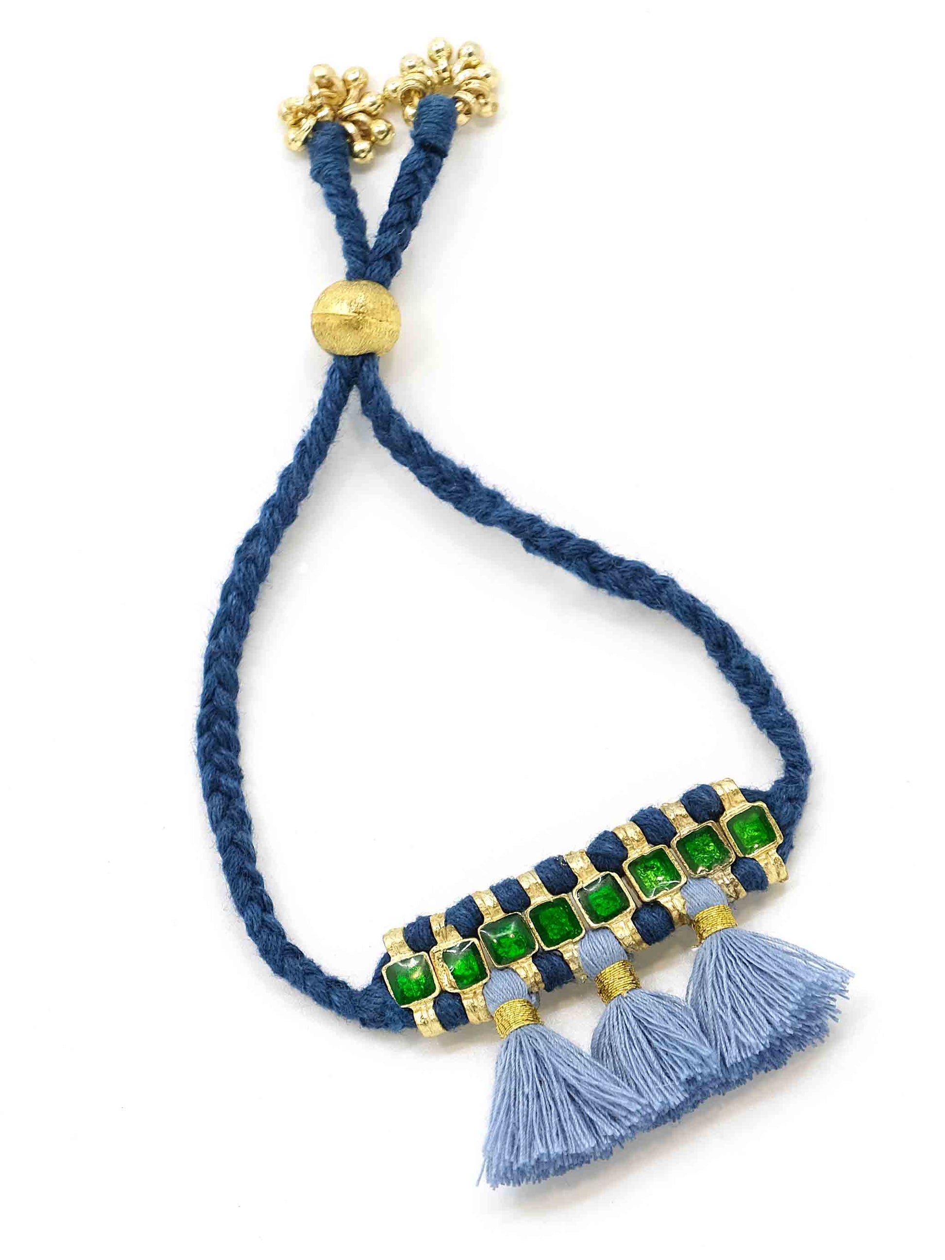 Bohemian Adjustable Bracelet in Topaz Fabric & Green Enamel