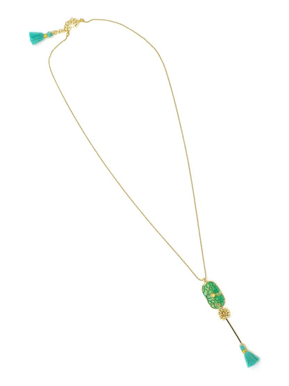 Gold & Turquoise Green Enamel Fringe Pendant Necklace