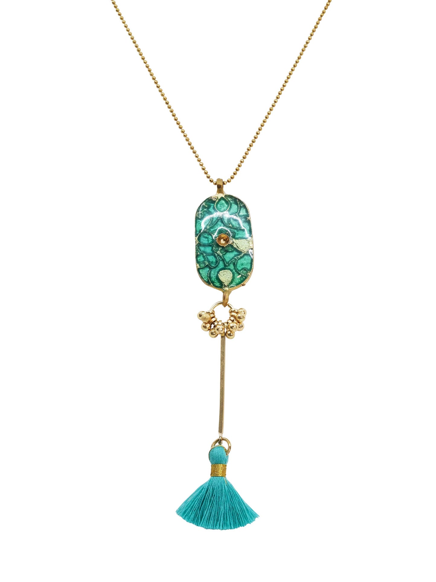 Gold & Turquoise Green Enamel Fringe Pendant Necklace
