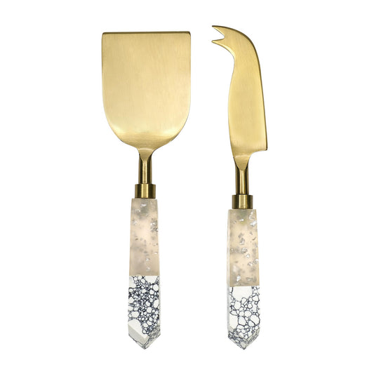 2 Piece Gold Cheese Knife Set White Marble & Resin