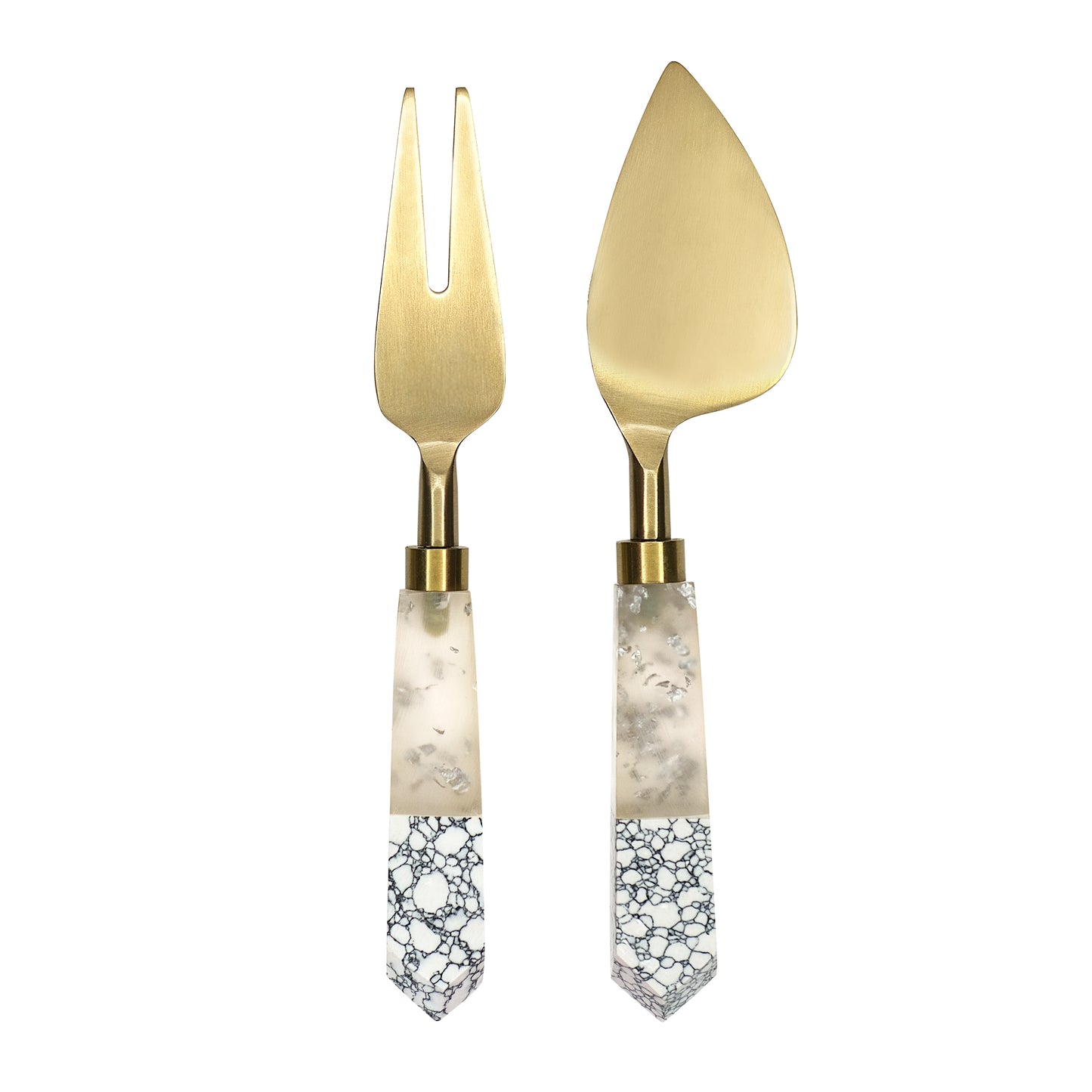 2 Pc Gold Cheese Knife Set White Marble & Resin