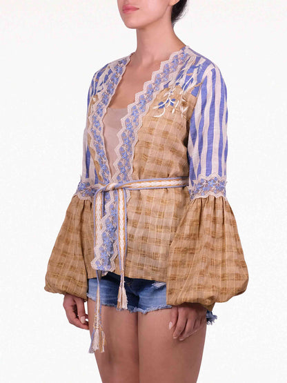 Zahra Bell Sleeve Stripe Cotton Scallop Lace Jacket