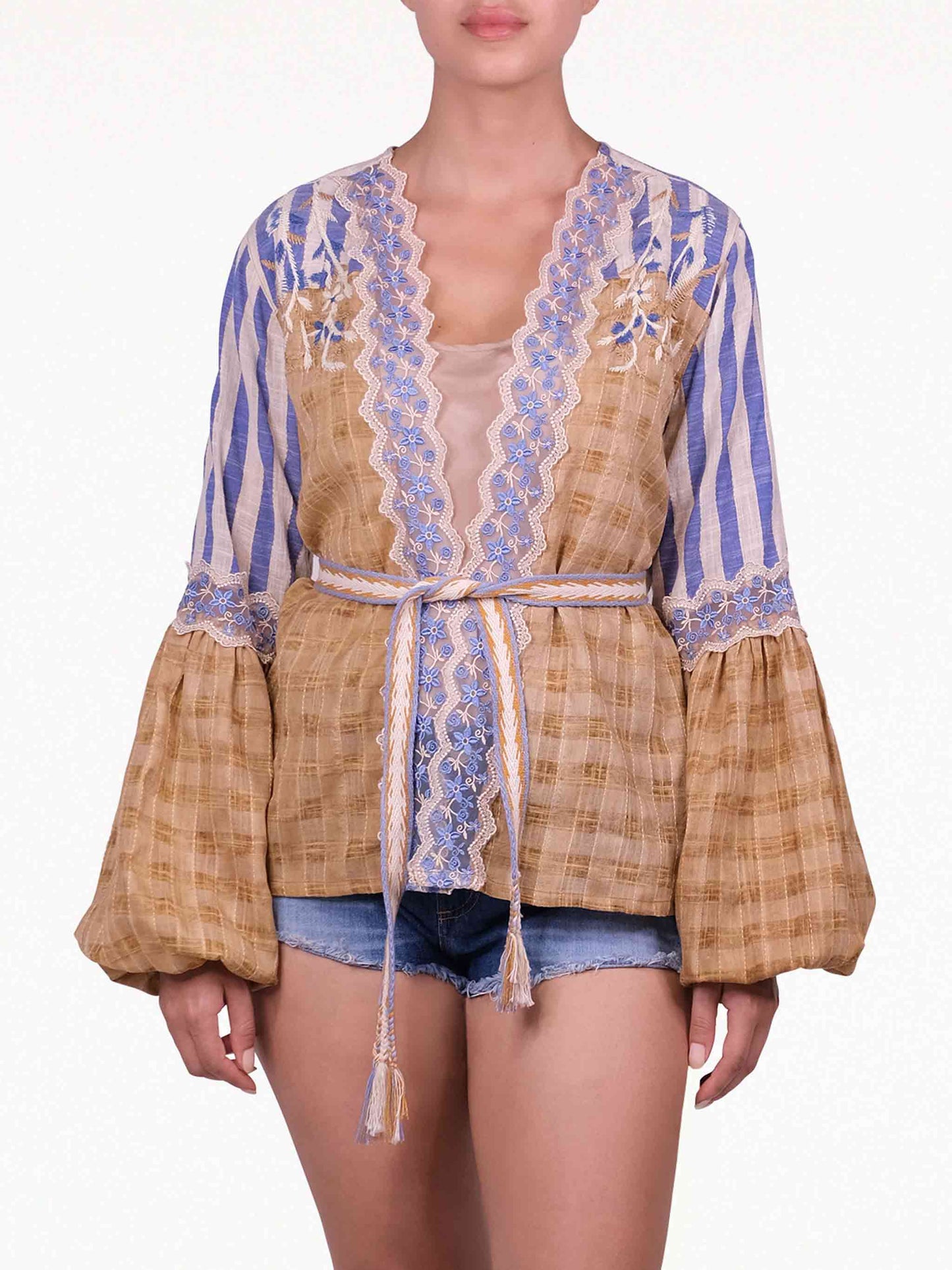 Zahra Bell Sleeve Stripe Cotton Scallop Lace Jacket