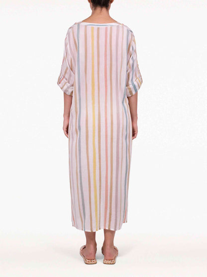 Zahra Relaxed Stripe Cotton V-neck Midi Shirt Dress