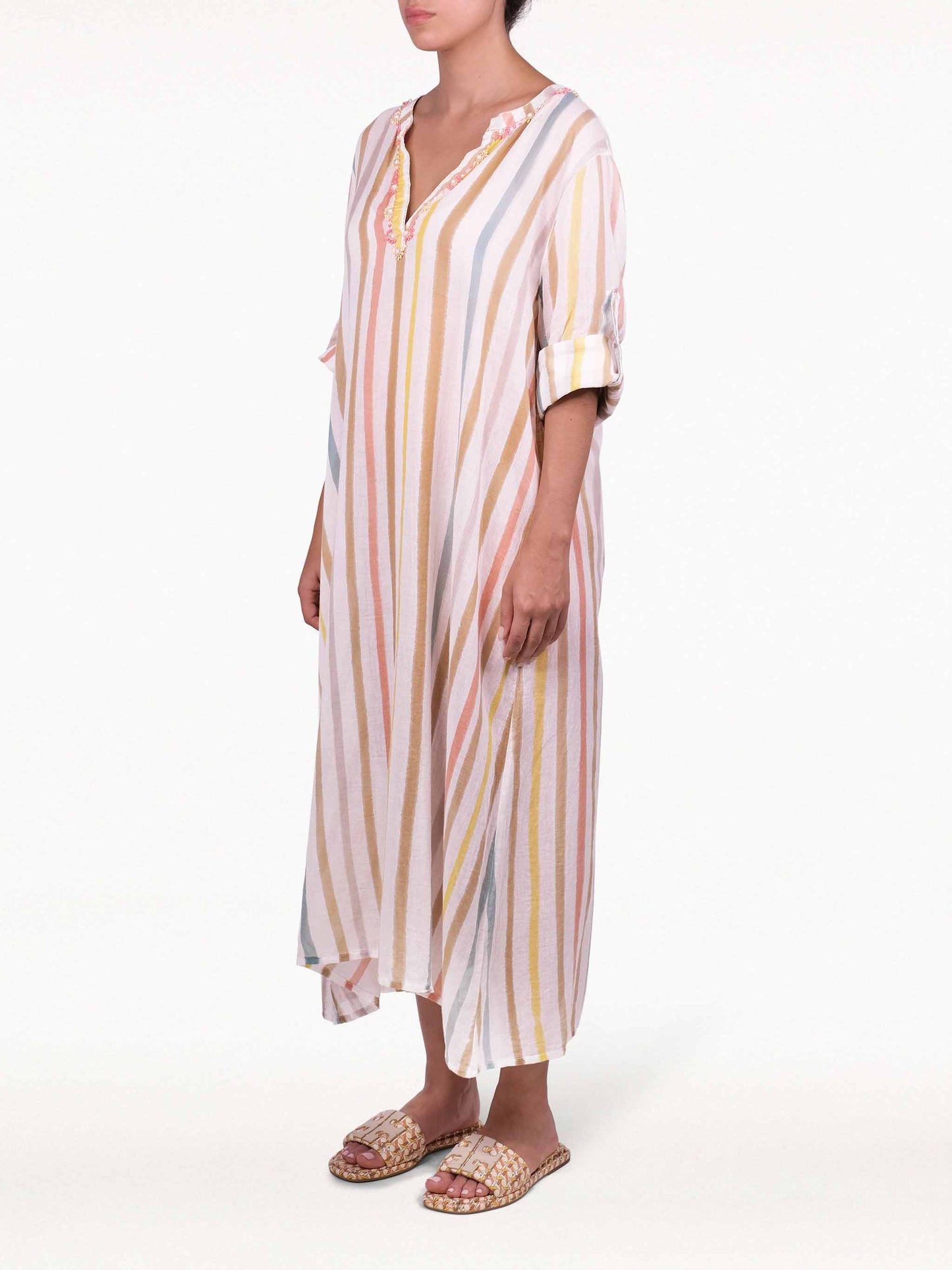 Zahra Relaxed Kaftan Stripe Cotton V-neck Midi Shirt Dress