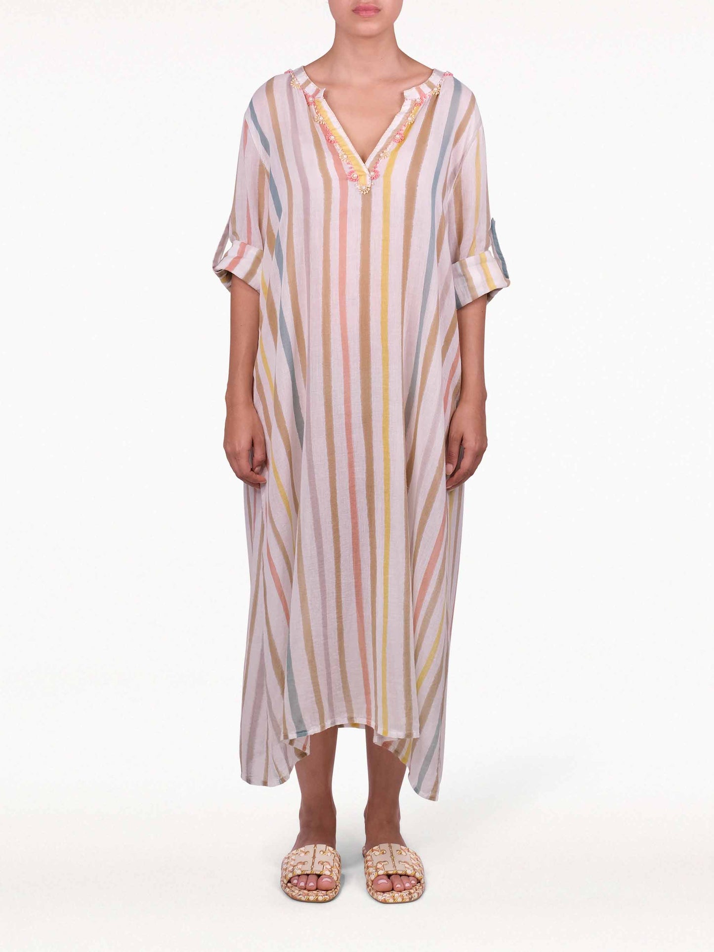 Zahra Relaxed Stripe Cotton V-neck Midi Shirt Dress